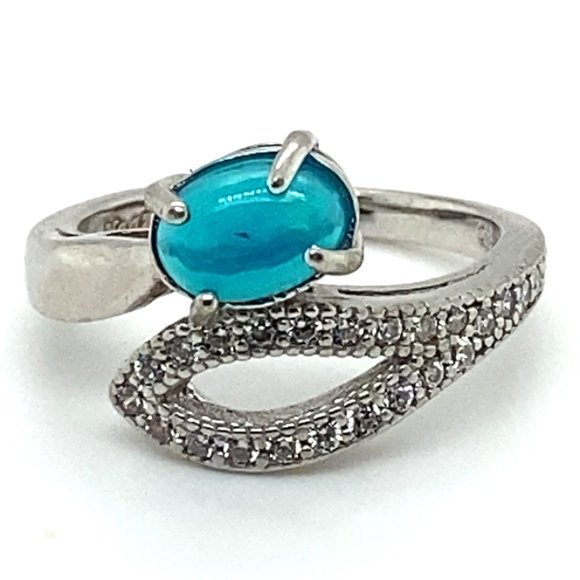 Blue Opal 1.39ct Platinum Finish Solid 925 Sterling Silver Ring - Picture 3 of 7